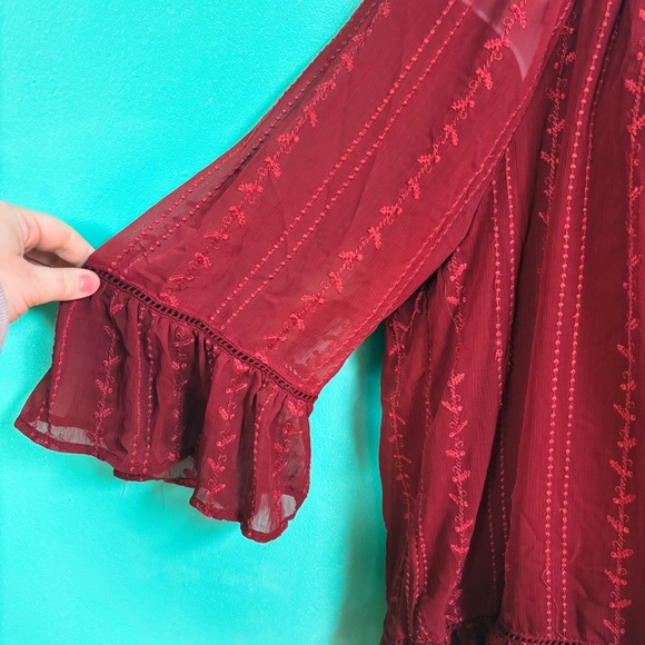 Fever Red Sheer Quarter Ruffle Sleeve Boho Blouse Womens Size 1X - Picture 6 of 9